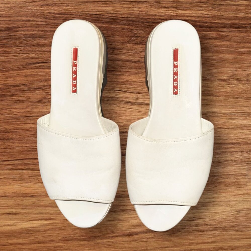 White Black Leather Prada Slides Flat Sandals Flip Flops Size EU 36.5 US 6.5